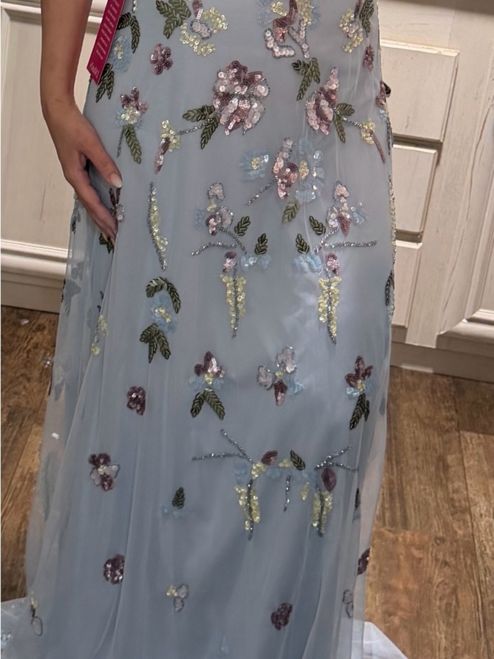 Adrianna Papell Light Blue Floral Sequin Maxi Dress